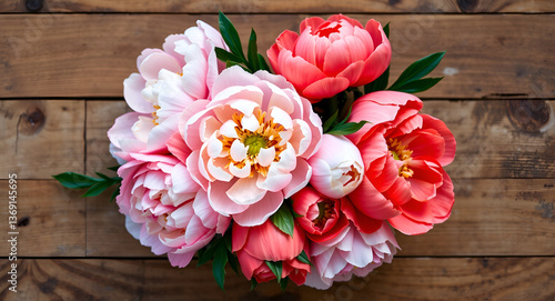 Peonies on Wood: Pink and White Floral Arrangement.