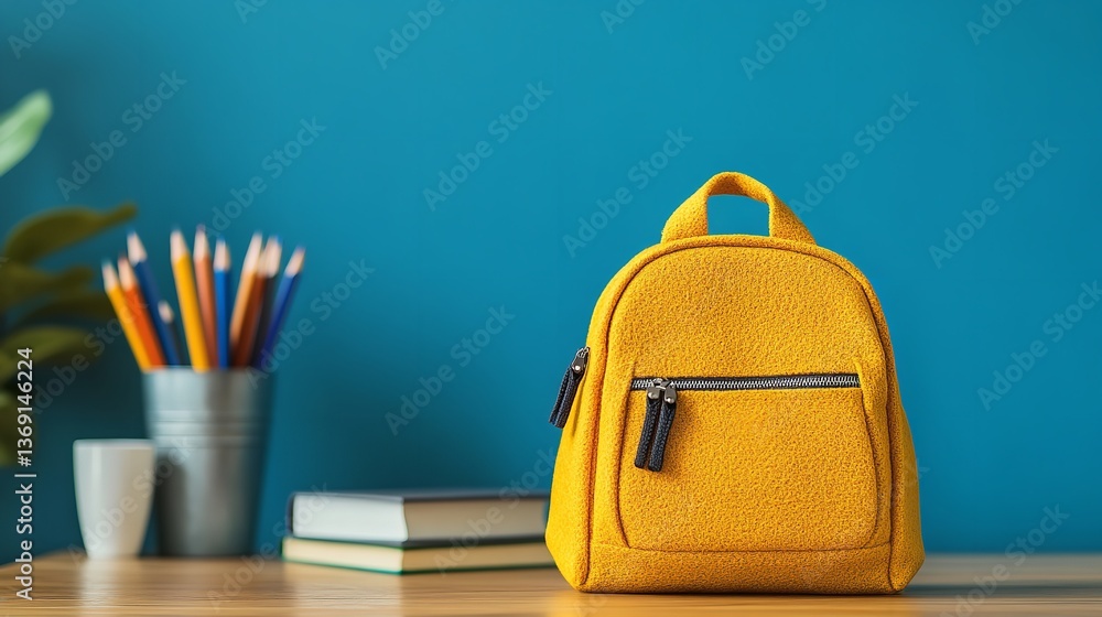 Yellow felt backpack on wooden desk with books and pencils, blue wall background Yellow felt backpack on wooden desk with books and pencils, blue wall background