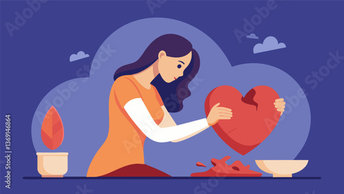 A woman creating a clay sculpture of a broken heart symbolizing her past trauma and finding solace in the theutic process of shaping and molding the. Vector illustration