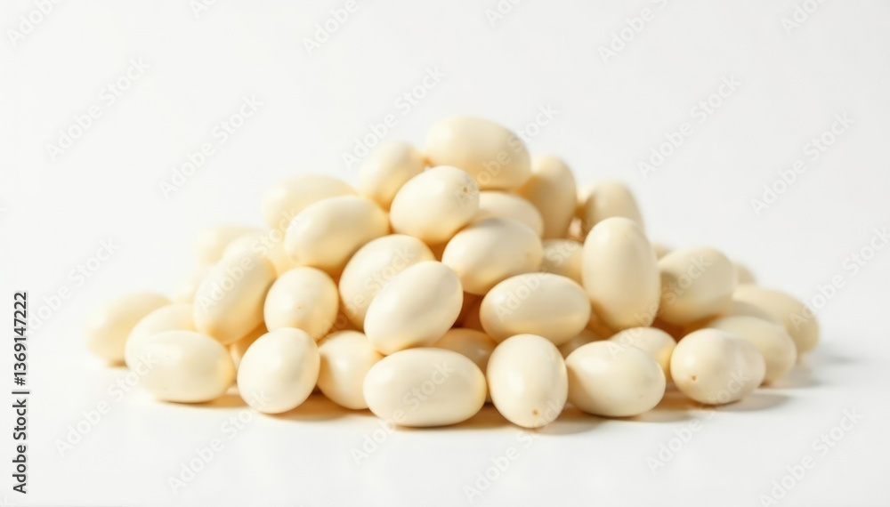 Pile of white beans against bright white backdrop, mound, cooking Pile of white beans against bright white backdrop, mound, cooking