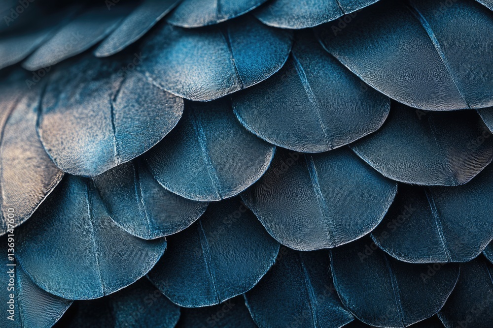 Close-up of dark blue bird feathers, overlapping in a textured pattern. Close-up of dark blue bird feathers, overlapping in a textured pattern.