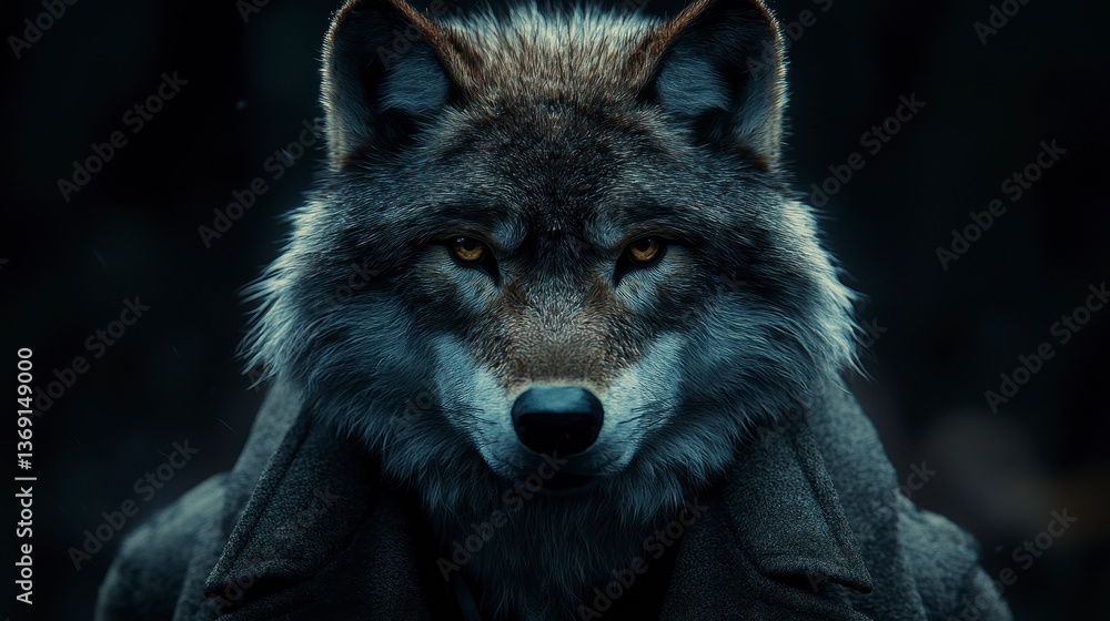 Wolf portrait in clothing, intense eyes, dark backdrop Wolf portrait in clothing, intense eyes, dark backdrop