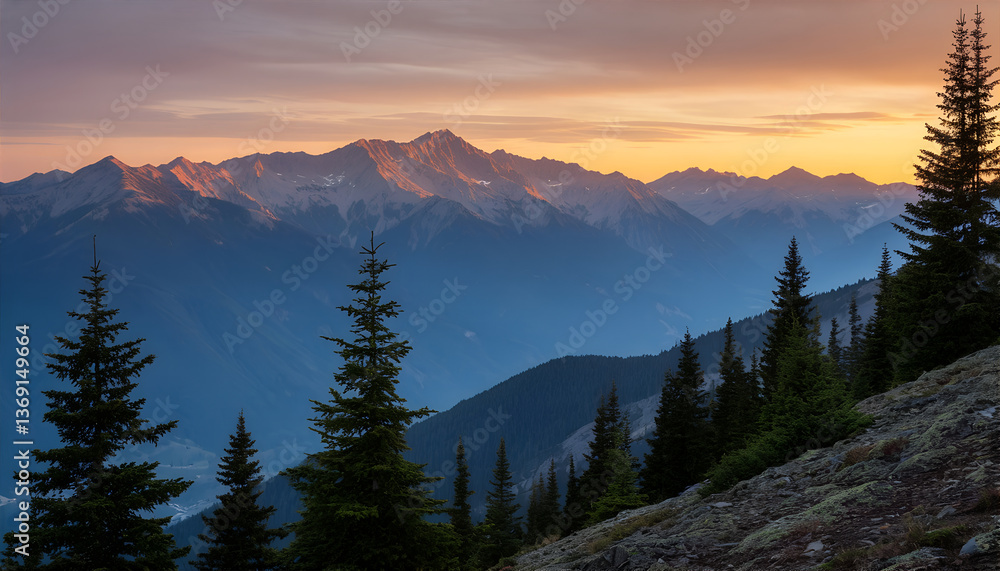 Obraz premium Sunset Over Majestic Mountain Range with Evergreen Trees