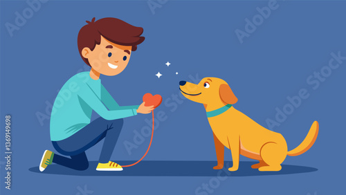 A teenage boy who has trouble connecting with others is playing fetch with a friendly therapy dog his face lighting up with joy.. Vector illustration