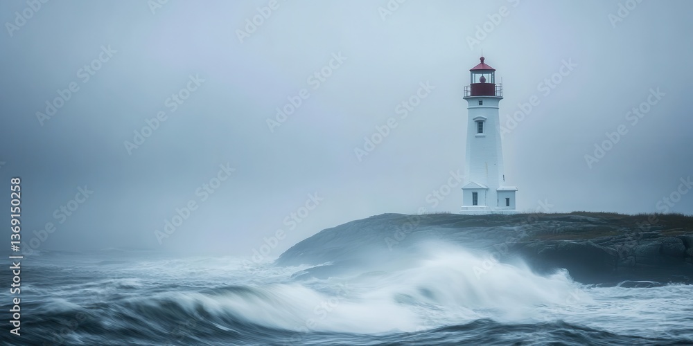 A solitary lighthouse stands against turbulent waves in a misty coastal scene. A solitary lighthouse stands against turbulent waves in a misty coastal scene.
