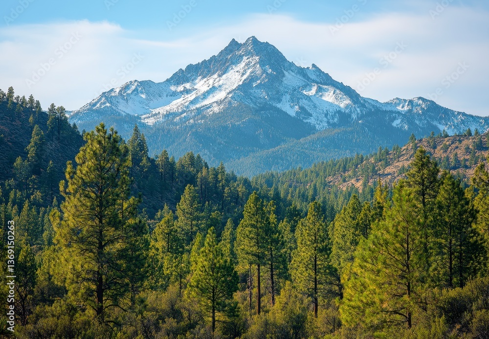 Obraz premium San Joaquin Mountain Range Covered with Snow Surrounded by Green Forest in California Under a Clear Blue Sky on a Sunny Day