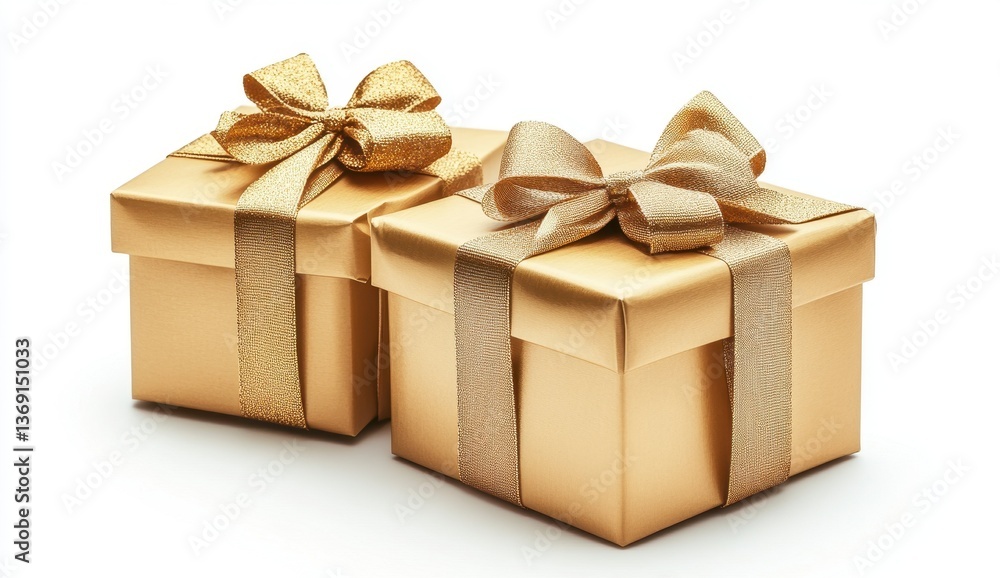 Two Golden Gift Boxes with Glittering Ribbons Isolated on White Background For Holiday Celebration and Elegant Presentation Two Golden Gift Boxes with Glittering Ribbons Isolated on White Background For Holiday Celebration and Elegant Presentation