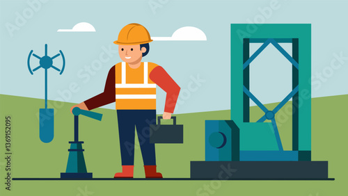 A worker donning a hard hat and coveralls as they prepare to enter the wellhead for routine maintenance.. Vector illustration