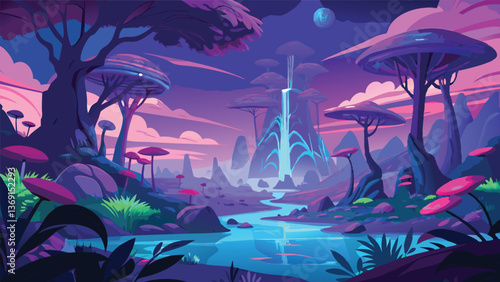 Surreal Fantasy Landscape Vibrant Purple Trees Glowing Waterfall and Serene River