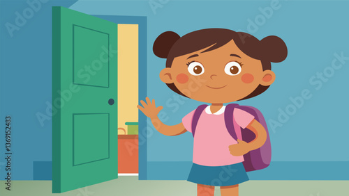 A little girl stands outside her classroom door her backpack filled with all the necessary school supplies apprehensively but excitedly waiting for. Vector illustration