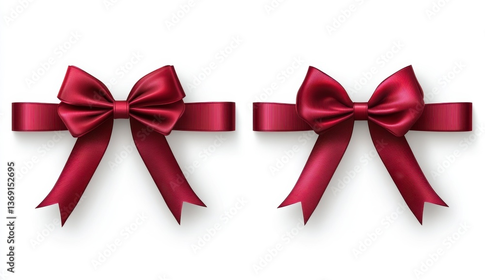 Two Shiny Red Bow Ribbons in Different Styles Placed on a White Background with Delicate Light and Shadow Two Shiny Red Bow Ribbons in Different Styles Placed on a White Background with Delicate Light and Shadow