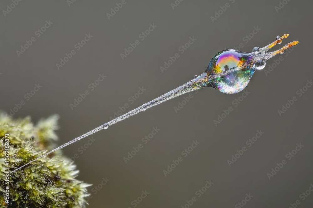 Obraz premium A macro shot of a frozen water droplet on a moss stem, showcasing iridescent colors and intricate ice crystals.