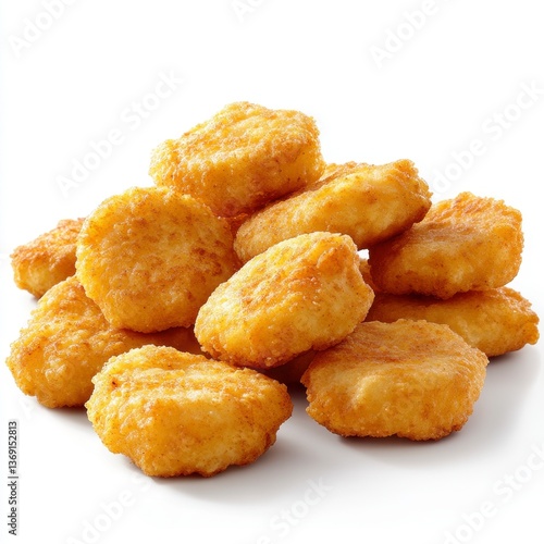 Pile of Golden Fried Chicken Nuggets on a White Background Gourmet Cuisine Close up Studio Shot Appetizing Crispy Snack with Meat and Poultry