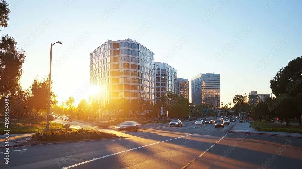 Fototapeta premium A sunset view of modern office buildings along a busy street.