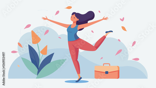 A woman in her 30s letting go of her emotional baggage as she dances with abandon releasing pentup emotions and finding inner peace in a healing. Vector illustration