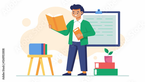 An adult learner standing at a whiteboard proudly showing off their newly acquired reading skills to the class.. Vector illustration