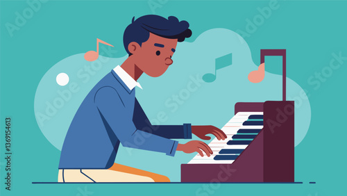 A student with ADHD focuses on playing the piano improving his concentration and selfesteem through music therapy.. Vector illustration