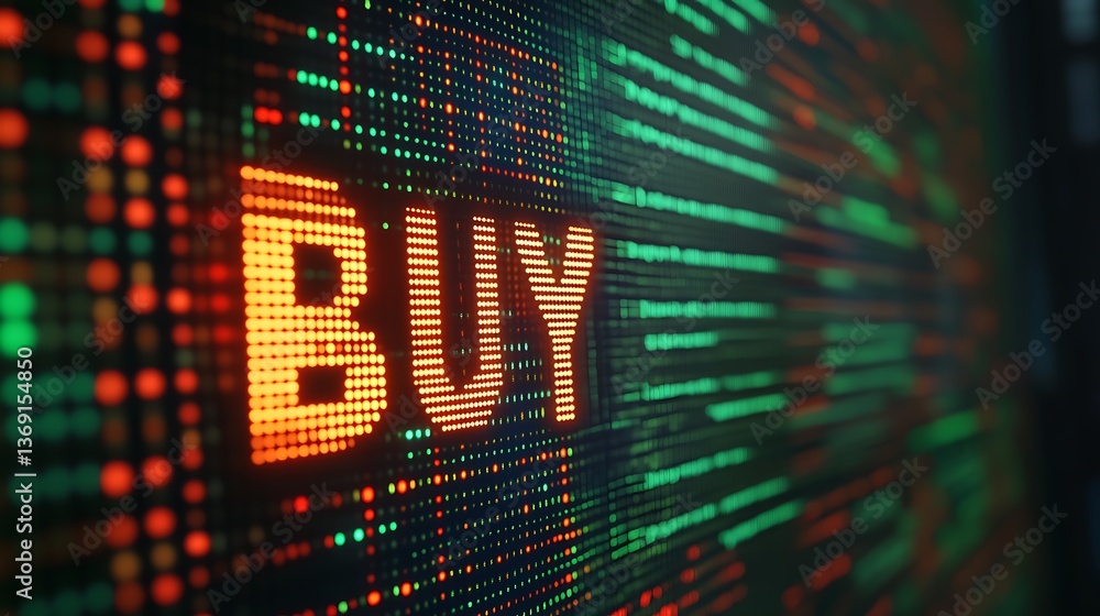 Digital display featuring bold orange word 'buy' on stock market screen with vibrant green, red, and blue financial data Digital display featuring bold orange word 'buy' on stock market screen with vibrant green, red, and blue financial data