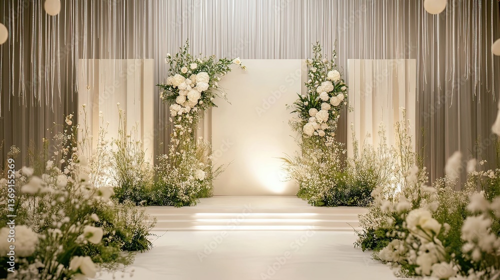 Fototapeta premium Celebration of love elegant indoor wedding stage decor & floral arrangements