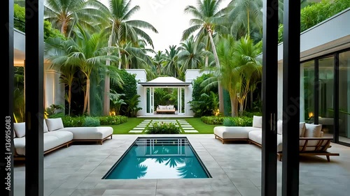 Luxurious modern villa with palm trees and pool viewed from interior doorway