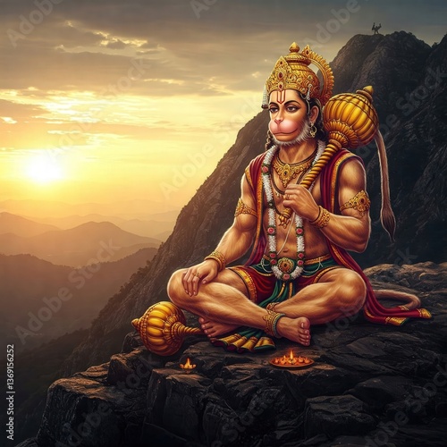 Lord Hanuman Ji Sitting on Mountain Peak, Divine Hanuman Ji Photo 4K HD, Powerful Hanuman Ji Wallpaper Background