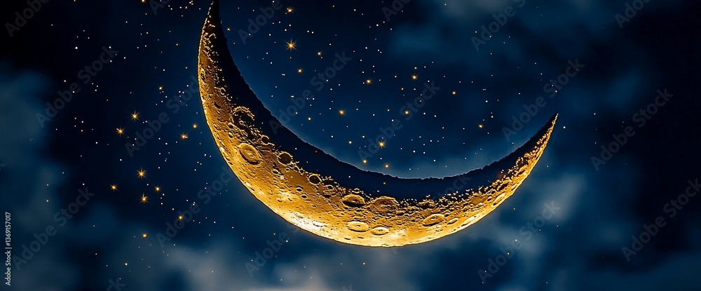 Fototapeta premium Golden Crescent Moon Night Sky