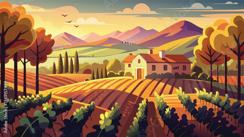 Serene Autumn Vineyard Landscape House on Rolling Hills at Sunset