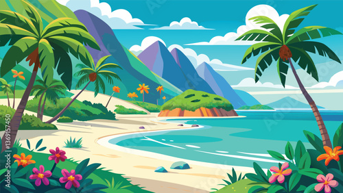 Serene Tropical Beach Scene Turquoise Waters Lush Palm Trees and Sandy Shores