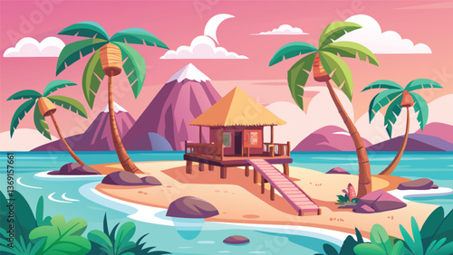 Idyllic Tropical Island Bungalow Beach House Scene Calm Ocean Sunset Palm Trees