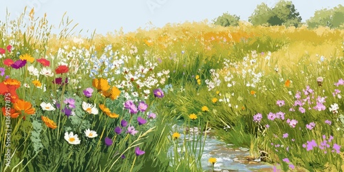 A vibrant meadow filled with diverse wildflowers and a gentle stream, evoking tranquility.
