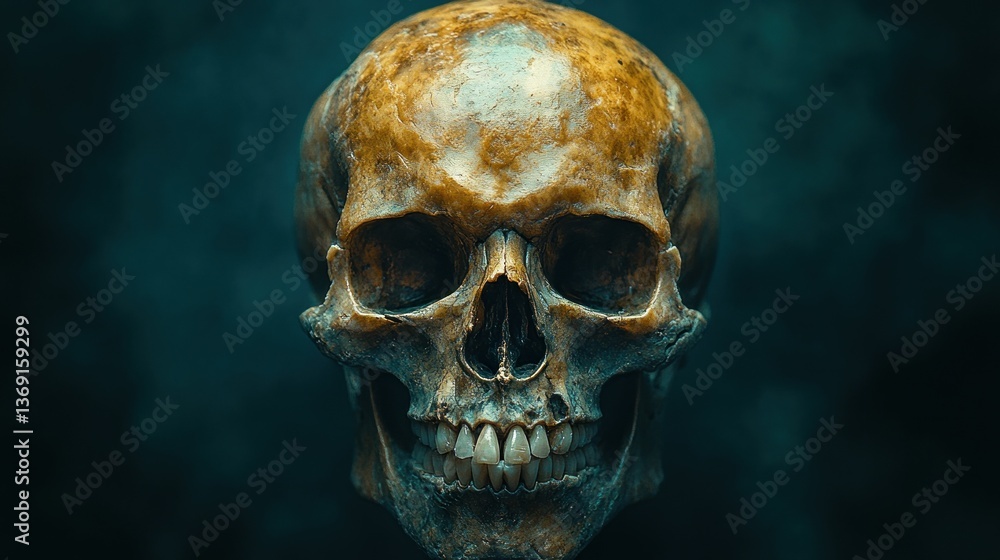 Skull, close-up, studio, dark teal background, smoky atmosphere Skull, close-up, studio, dark teal background, smoky atmosphere