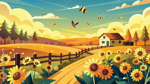 Serene autumn countryside landscape featuring sunflowers bees and a charming house