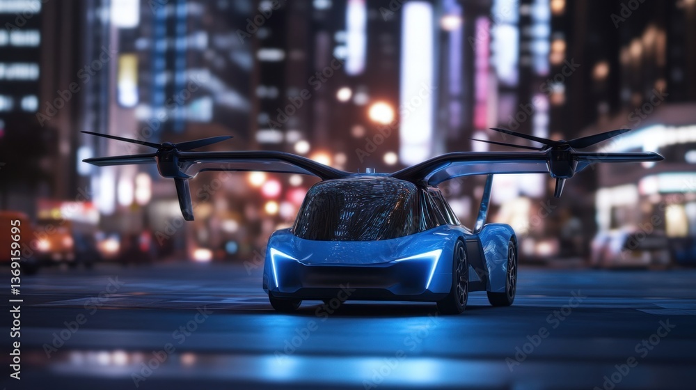 Naklejka premium Future flying car city night landing