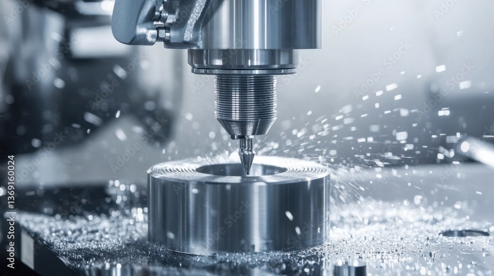 A close-up of high-precision CNC machines cutting metal in a factory. A close-up of high-precision CNC machines cutting metal in a factory.