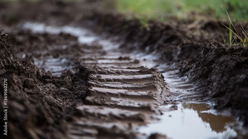 A close-up of excavator tracks leaving imprints in muddy terrain. A close-up of excavator tracks leaving imprints in muddy terrain.