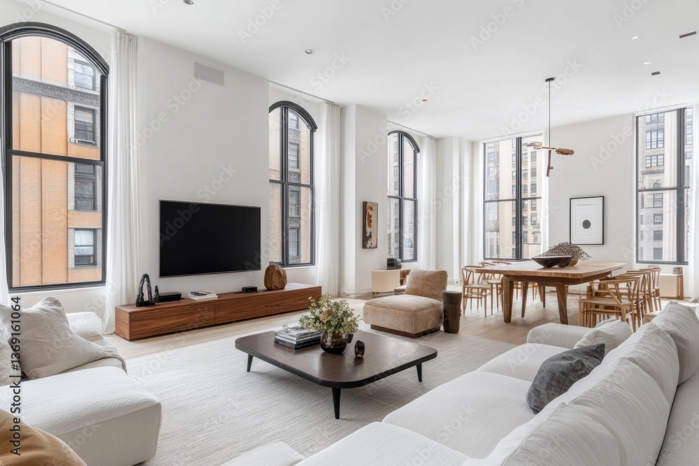 Fototapeta premium Modern apartment living room showcasing furniture and architectural features