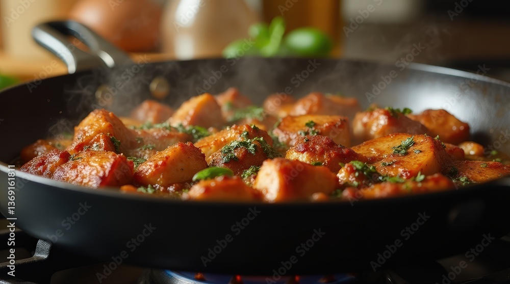Close-up of sizzling meat with herbs in skillet on stove, steam, warm light, savory appetizing focus Close-up of sizzling meat with herbs in skillet on stove, steam, warm light, savory appetizing focus