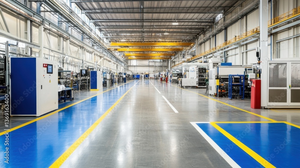 Fototapeta premium A factory floor with clearly marked safety lines and hazard signs for workplace safety.