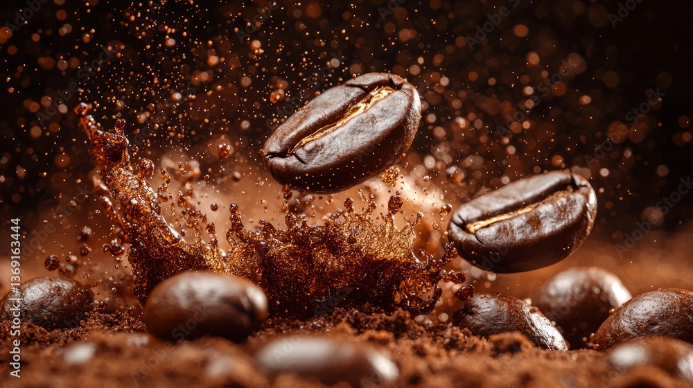 Dynamic Splash of Coffee Beans Captured in Slow Motion Action Dynamic Splash of Coffee Beans Captured in Slow Motion Action