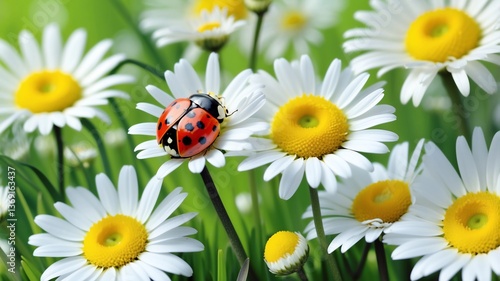 A bright red ladybug with black spots resting on a daisy’s vibrant yellow center.
