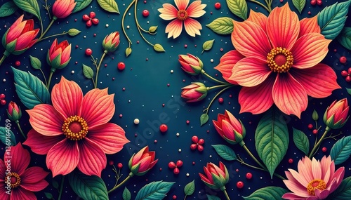 Intricate floral textile design in vibrant hues, decorative, vector, graphic