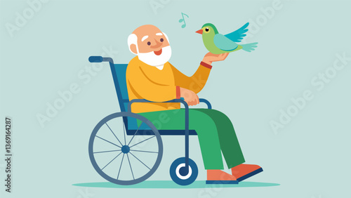 An elderly man is sitting in his wheelchair as a therapy bird perched on his shoulder sings a calming melody and brings a smile to his face.. Vector illustration