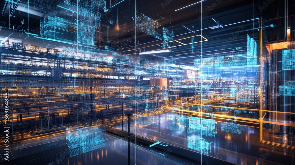 Fototapeta premium A futuristic digital twin system analyzing real-time factory operations.