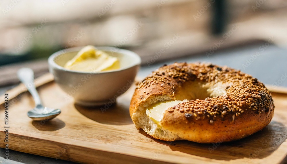 Flaky Cinnamon Raisin Bagel with Butter Shot Close-Up on Wooden Tray in Soft Morning Deli Light Flaky Cinnamon Raisin Bagel with Butter Shot Close-Up on Wooden Tray in Soft Morning Deli Light
