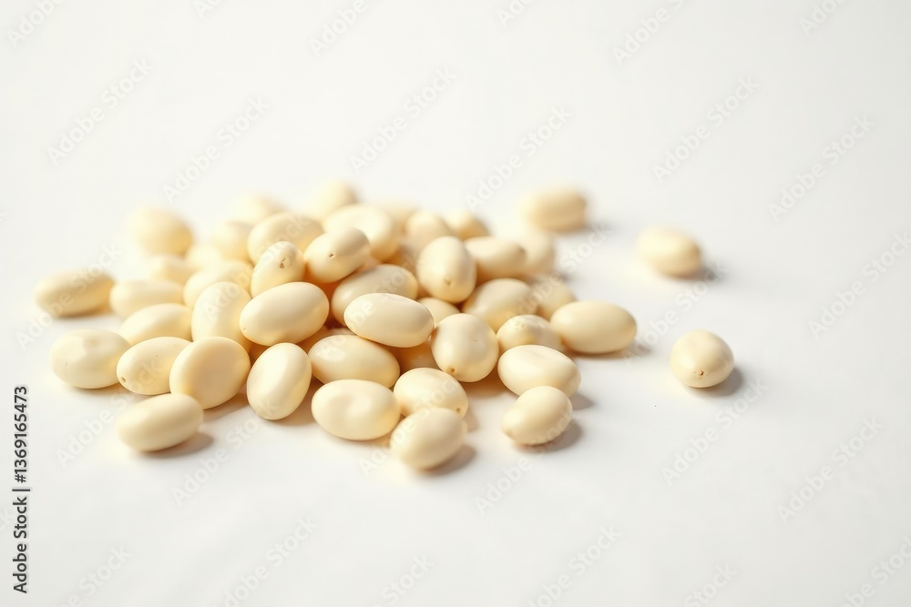 Scattered white beans against bright white backdrop, culinary, beans, cooking Scattered white beans against bright white backdrop, culinary, beans, cooking