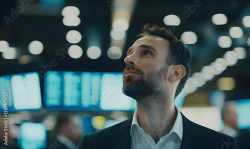 Businessman Looking Upward in a Modern Financial Environment