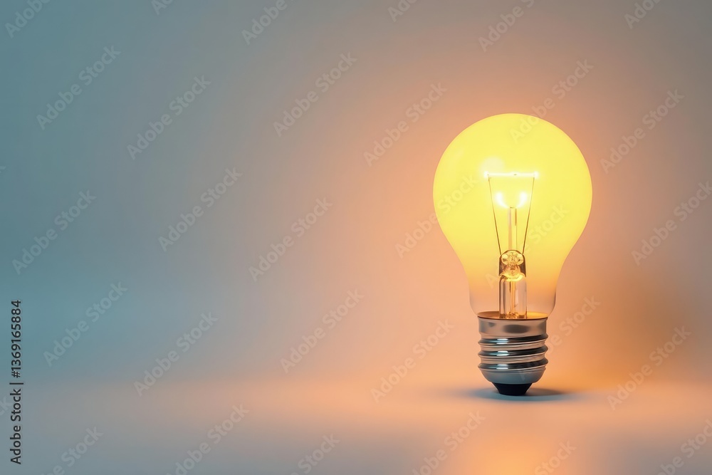 Single lightbulb glowing brightly on white background, simple, solution, eureka Single lightbulb glowing brightly on white background, simple, solution, eureka