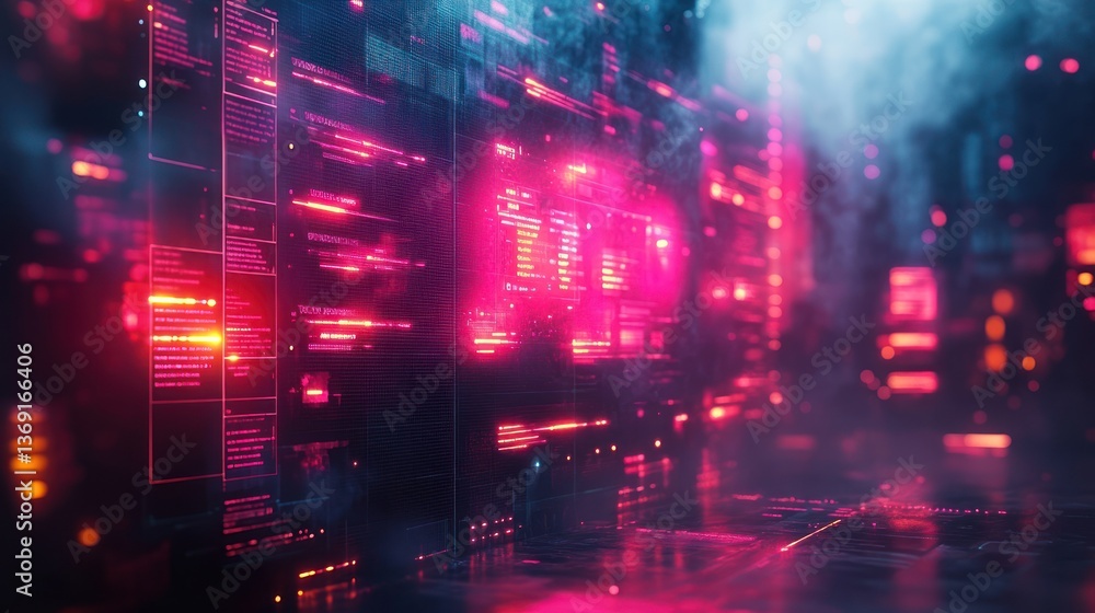 Futuristic digital interface, code display, dark urban environment, data processing in progress Futuristic digital interface, code display, dark urban environment, data processing in progress