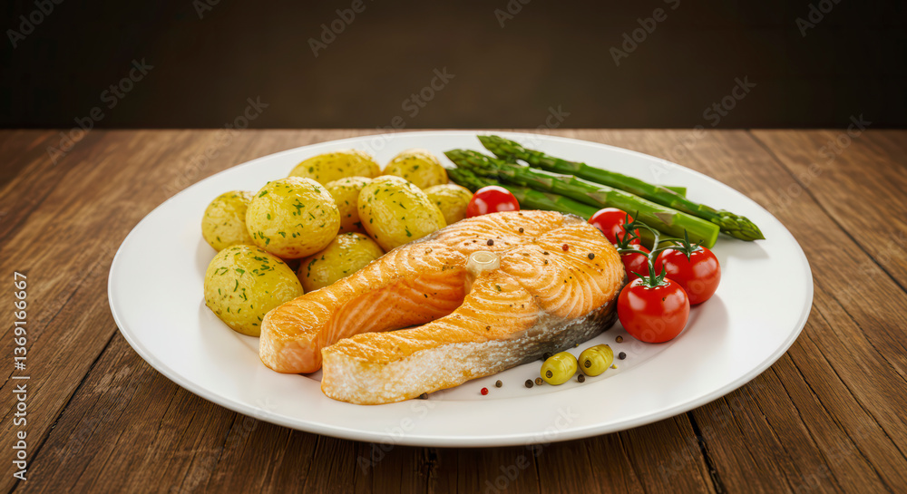 Crispy fried salmon steak with roasted potatoes and vegetables on a rustic wooden table Crispy fried salmon steak with roasted potatoes and vegetables on a rustic wooden table