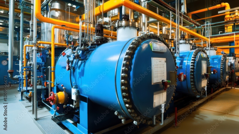 A high-efficiency industrial boiler generating steam for energy production. A high-efficiency industrial boiler generating steam for energy production.